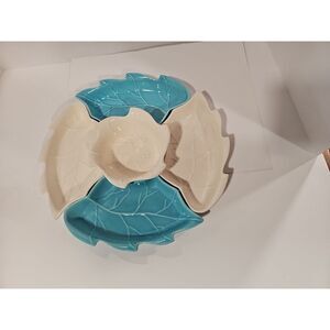 USA Vintage California Pottery 275 - 5 Piece Lazy Susan  White And Blue Leaf 12"